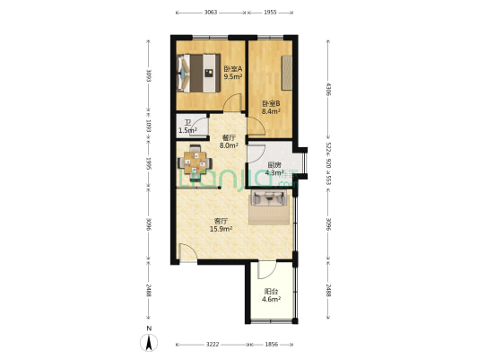 三兴小区 2室2厅1卫 63平方