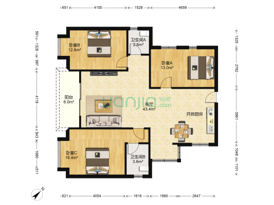 山水情家园 3室1厅2卫 116平方