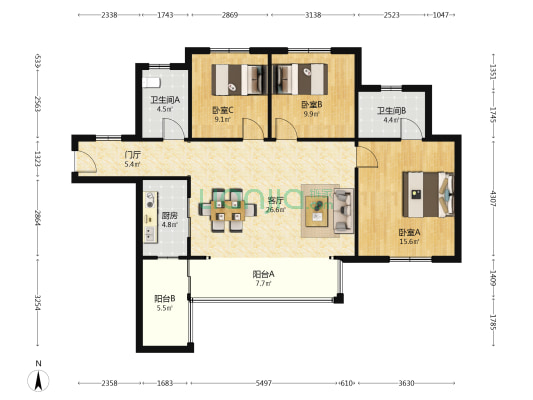 朗悦府静园 3室1厅2卫 122平方