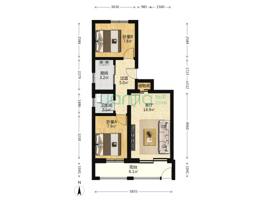农机厂宿舍 2室1厅1卫 55平方