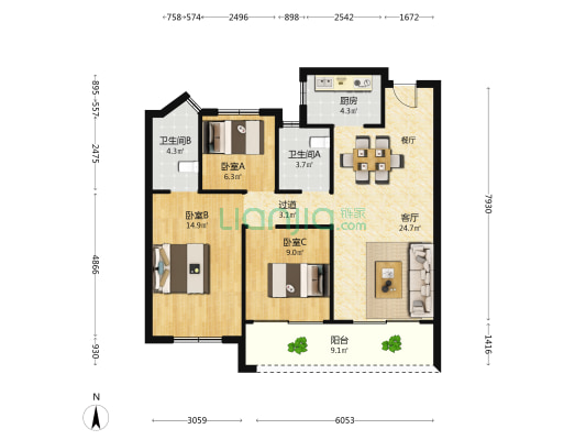 佳源四季花园 3室1厅2卫 102平方