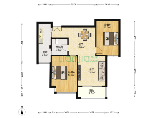 铂庭俱进家园 2室2厅1卫 87平方
