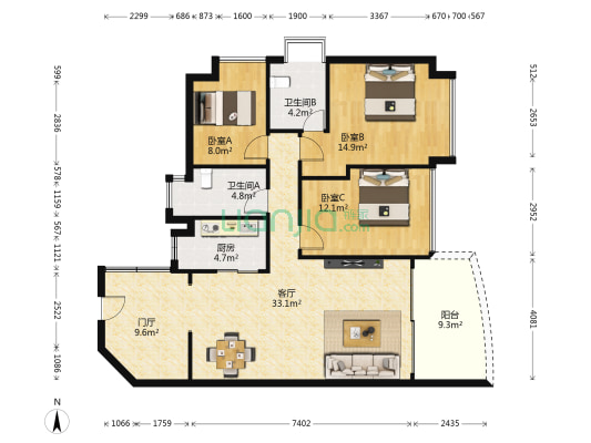 滨海春城 3室1厅2卫 114平方