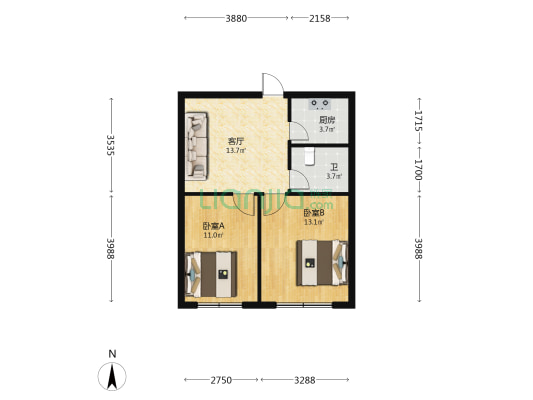 福临花园小区 2室1厅1卫 58平方