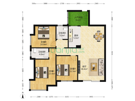 碧园•印象桂林 3室1厅2卫 117平方