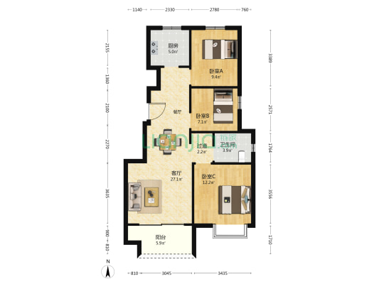 大丰佳苑东A区 3室1厅1卫 90平方