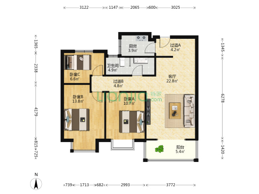 兰亭熙园 3室1厅1卫 105平方