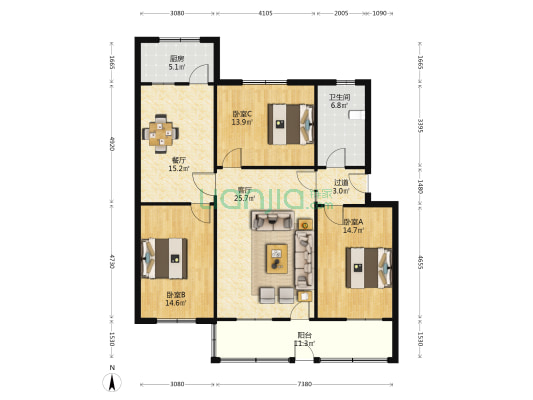 科技局家属院 3室2厅1卫 124平方
