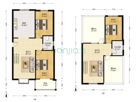 蓝天美林湾 3室2厅 南 北-户型图