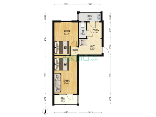 第二锅炉厂宿舍 2室1厅1卫 55平方