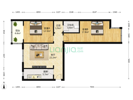 金隅公寓 2室1厅1卫 90平方