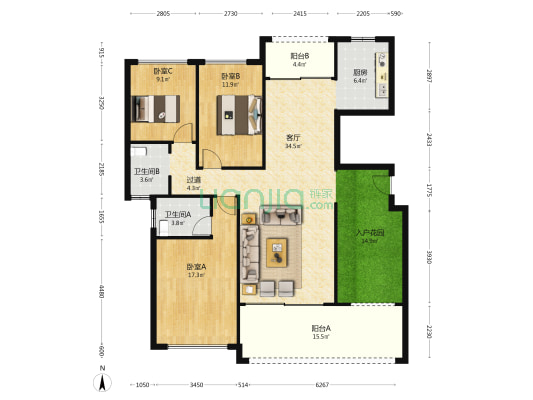 喜洲一期 3室1厅2卫 136平方