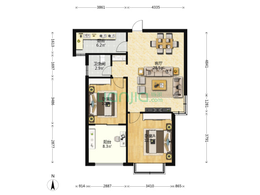 槐府六号 2室1厅1卫 95平方