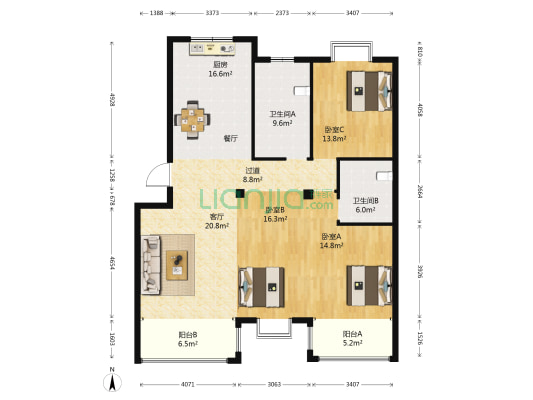 凤河路8号 3室1厅2卫 141平方