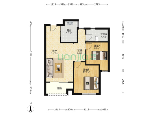 琴和家园 2室1厅1卫 85平方