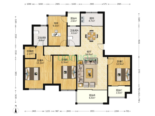 天逸湾一期 4室1厅2卫 137平方
