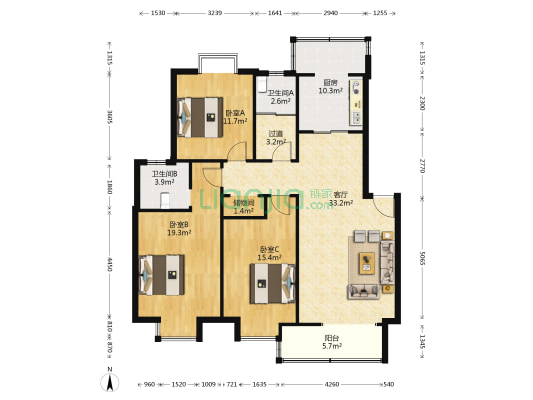 金叶花园 3室1厅2卫 117平方