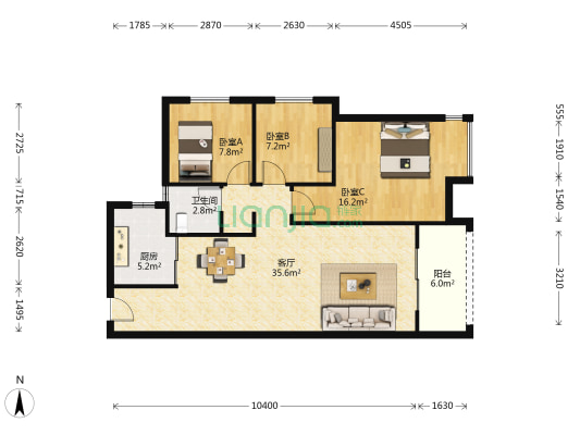 国博新城华江府 3室1厅1卫 104平方