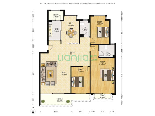 大自然花園 3室2厅2卫 154平方