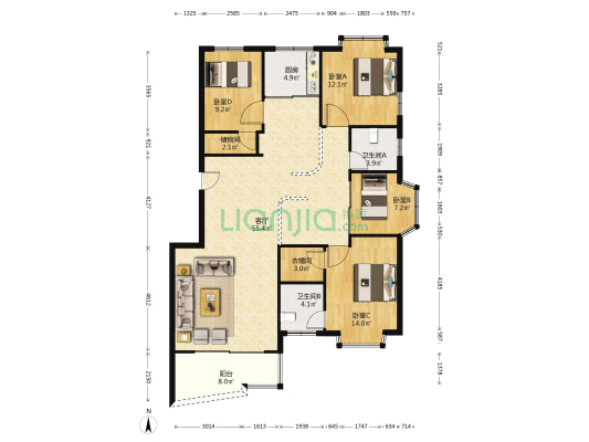 勤奋家园 4室1厅2卫 148平方