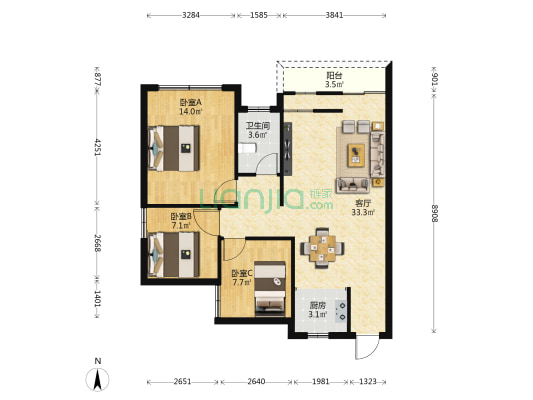 万豪港湾 3室1厅1卫 76平方
