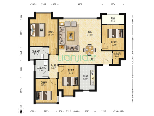 湿地公园TOD璞瑞 4室1厅2卫 142平方