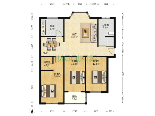 阳光美郡北区 3室1厅1卫 125平方