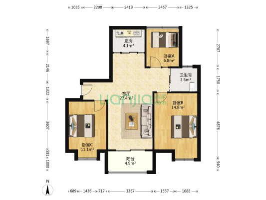 斌锋中心城 3室1厅1卫 89平方