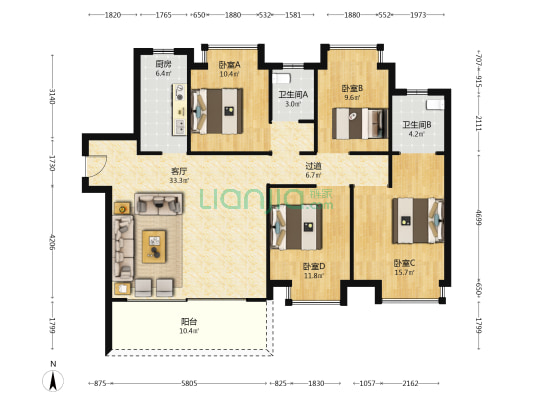 新力城三期 4室1厅2卫 136平方