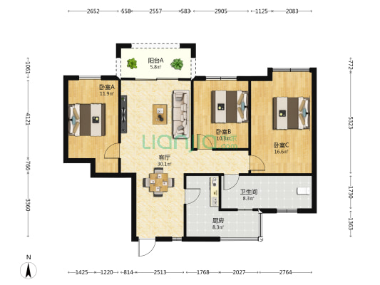 海伦堡阳光 3室1厅1卫 110平方