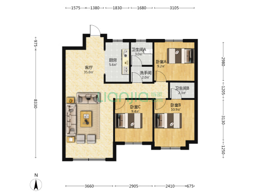 荣科锦苑 3室1厅3卫 107平方