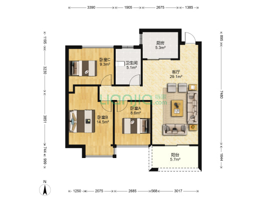 学府天宸 3室1厅1卫 87平方