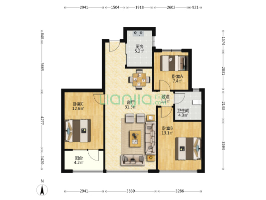 融创中心融誉 3室1厅1卫 110平方
