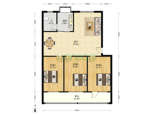 河北省环境地质勘察院宿舍 3室1厅1卫 117平方