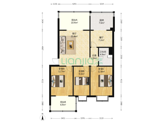 彩虹华谊花园 3室2厅1卫 107平方