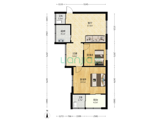 丰庆路12号院 2室1厅2卫 75平方