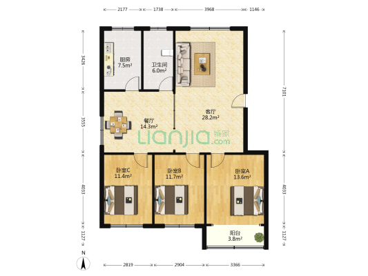 粮食局家属宿舍 3室2厅1卫 119平方