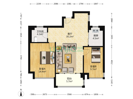 铭鹤花园 2室1厅1卫 87平方