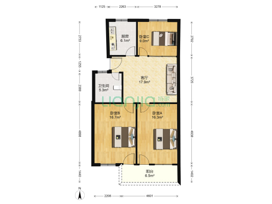 新桥住宅区七、十一组团 3室1厅1卫 90平方