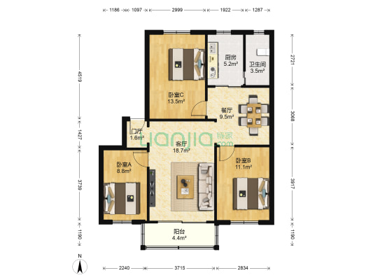 深纺大院 3室2厅1卫 90平方