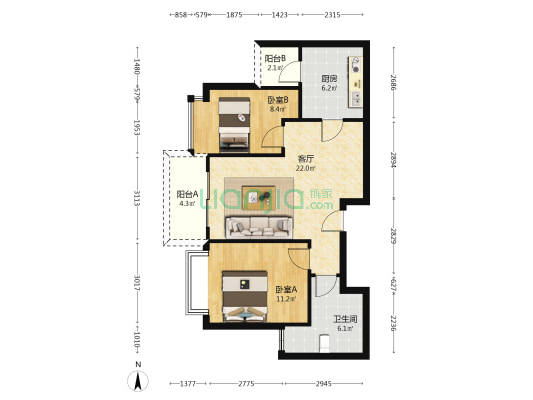 恒大金阳新世界 2室1厅1卫 83平方