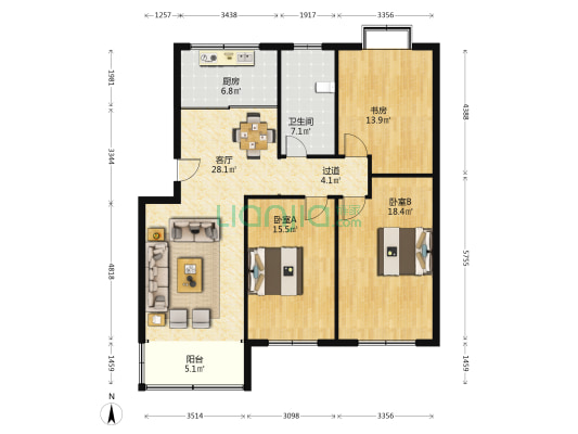 达惠花园 3室1厅1卫 119平方