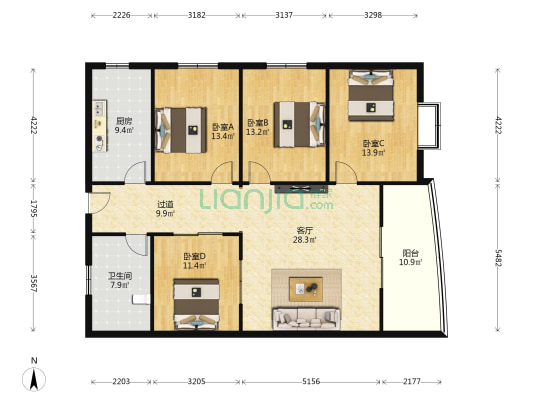 凤鸣公寓 4室1厅1卫 148平方