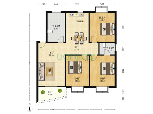 建港景苑 3室2厅2卫 123平方