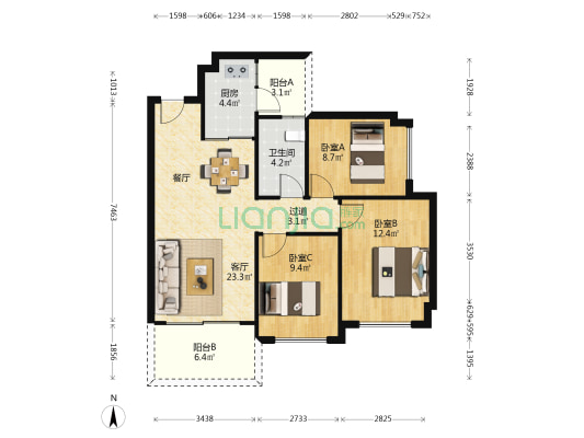 星河丹堤V2区 3室1厅1卫 89平方