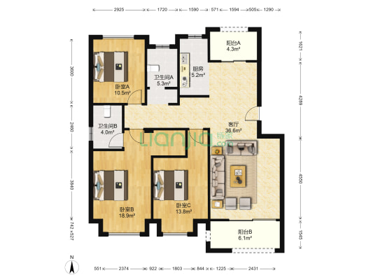 忠观悦府 3室1厅2卫 124平方