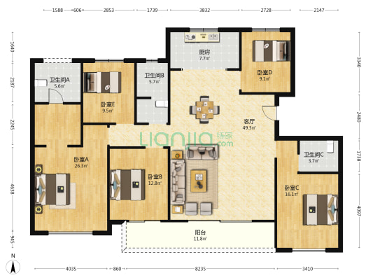奥克斯姑溪晓著 5室1厅3卫 181平方