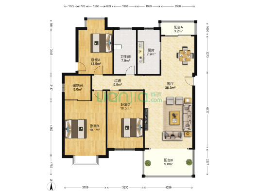 康桥水岸 3室1厅1卫 160平方