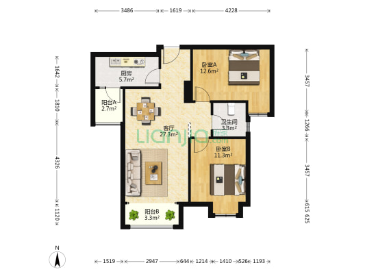 龙湖北城天街二期 2室1厅1卫 80平方