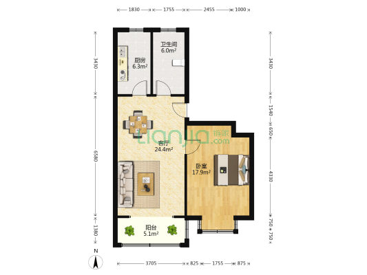 龙江花园 1室1厅1卫 69平方